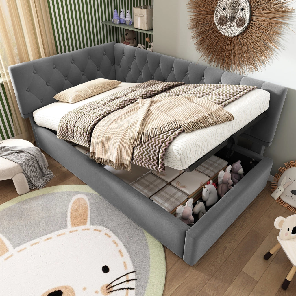 Letto imbottito a L in velluto grigio 90x190 cm con contenitore idraulico
