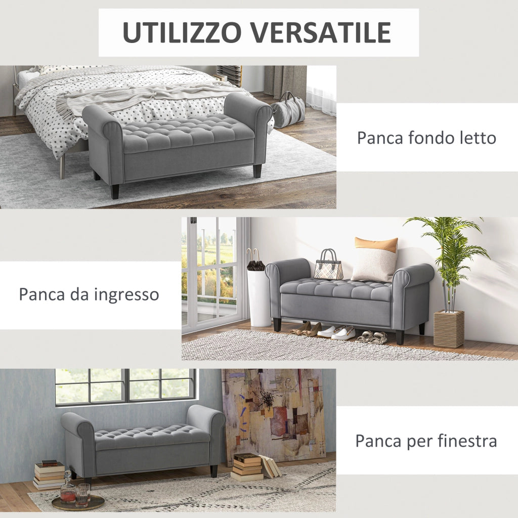 Panca Fondo Letto in Tessuto Vellutato con Contenitore e Braccioli ¨C Zephmum ¨C Grigio 126x48.5x57 cm