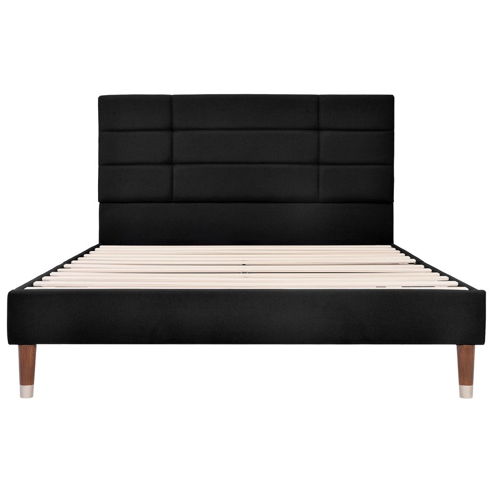 Letto Imbottito Matrimoniale con Rete a Doghe e Materasso ¨C MINIMAL ¨C Nero, Tessuto Lino, 140x200