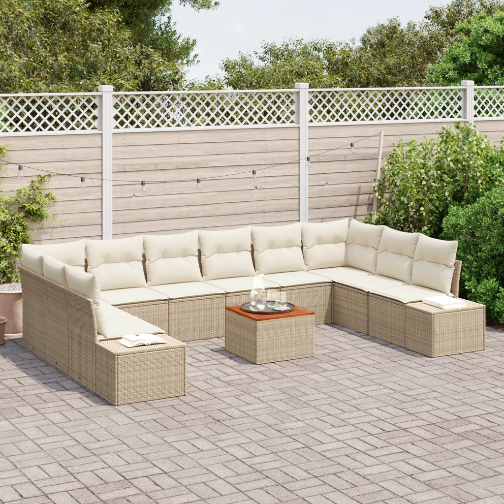 Set Divano da Giardino di 11 Pezzi con Cuscini Beige in Polyrattan e Acacia