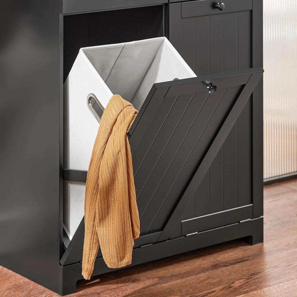 Mobile bagno con portabiancheria - Mobiletto bagno salvaspazio con 2 cassetti e 2 sacchi estraibili - Mobile lavanderia per ingresso o cucina in MDF, Nero, 78x38x90cm, BZR33-II-SCH