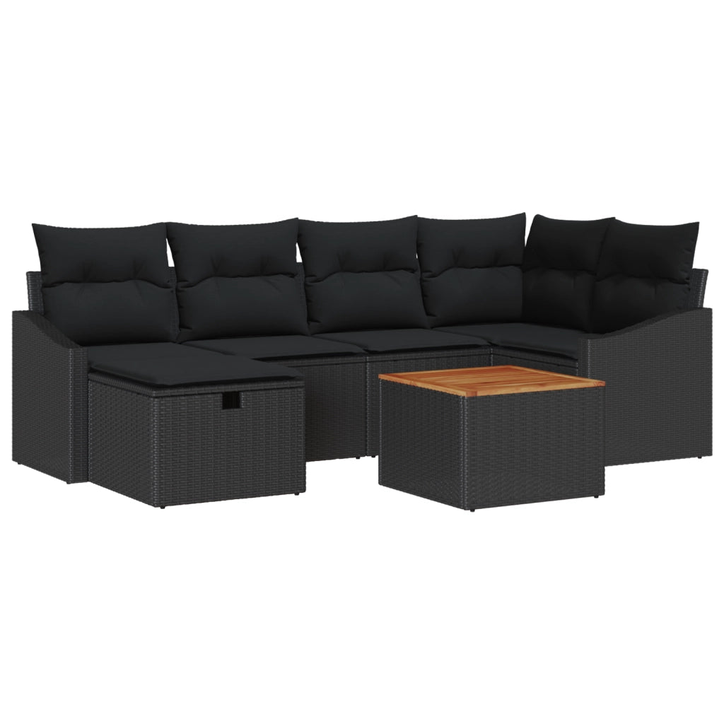 Set di divani da giardino a 7 pezzi con cuscini in polyrattan nero