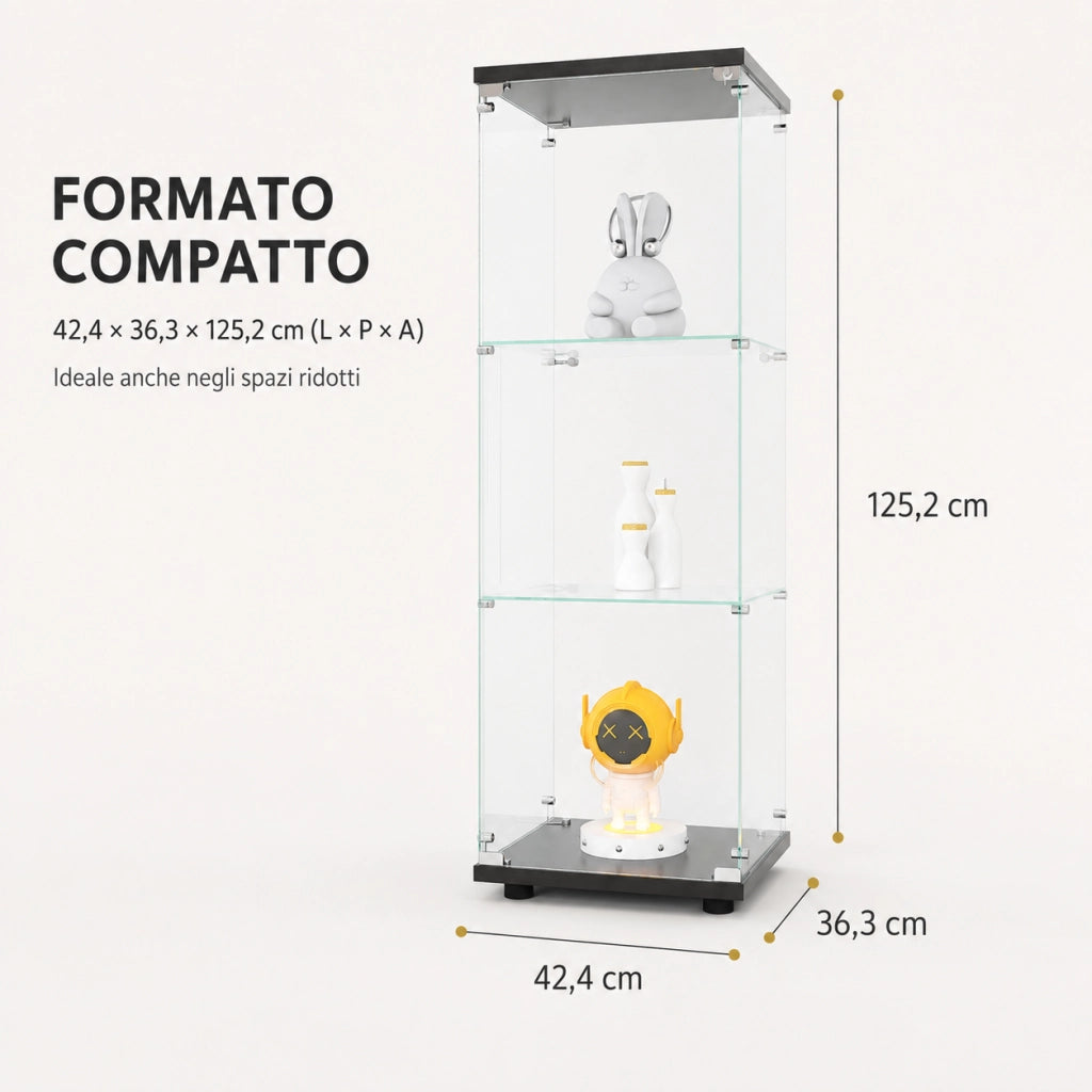 Vetrina espositiva in vetro con serratura, struttura nera, 42,4x36,3x125,2cm, mobile espositore per collezioni e modellini