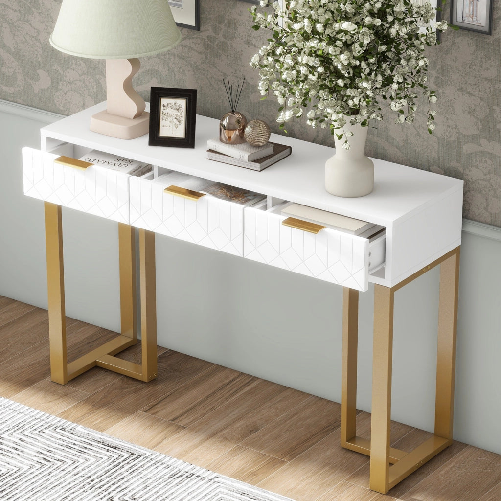 Consolle con 2 cassetti e motivi geometrici, struttura in MDF, per soggiorno e ingresso, bianco e oro