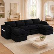 Divano modulare 4 posti in velluto a coste nero con 2 poggiapiedi; 335x167x85 cm