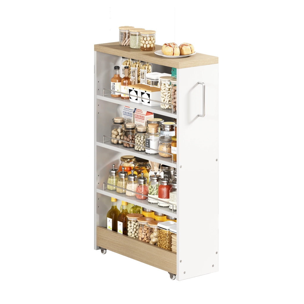 Carrello portaoggetti slim su ruote 20 cm, 4 ripiani regolabili, bianco effetto legno, 85x55x20 cm