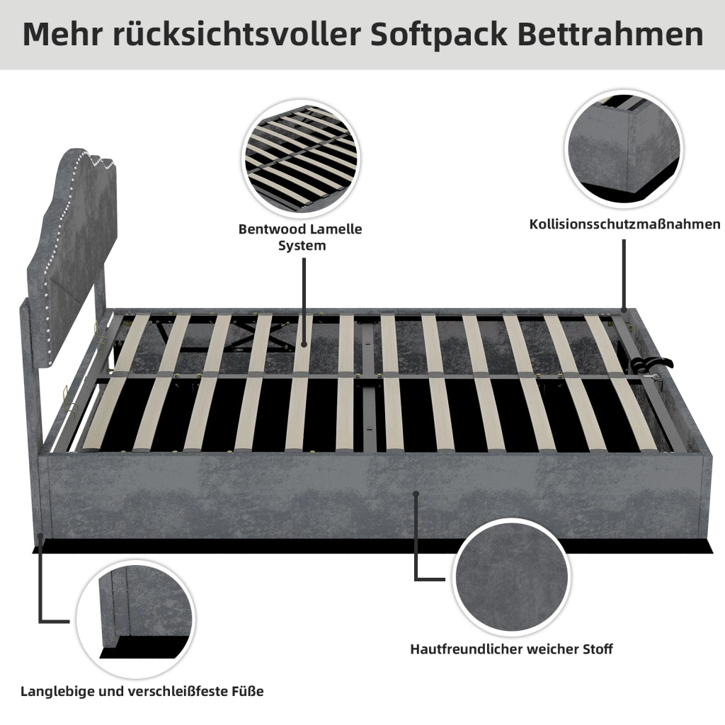 Letto Contenitore Imbottito ¨C MINIMAL ¨C Grigio 140x200 con Testiera, Doghe e Alzata Idraulica
