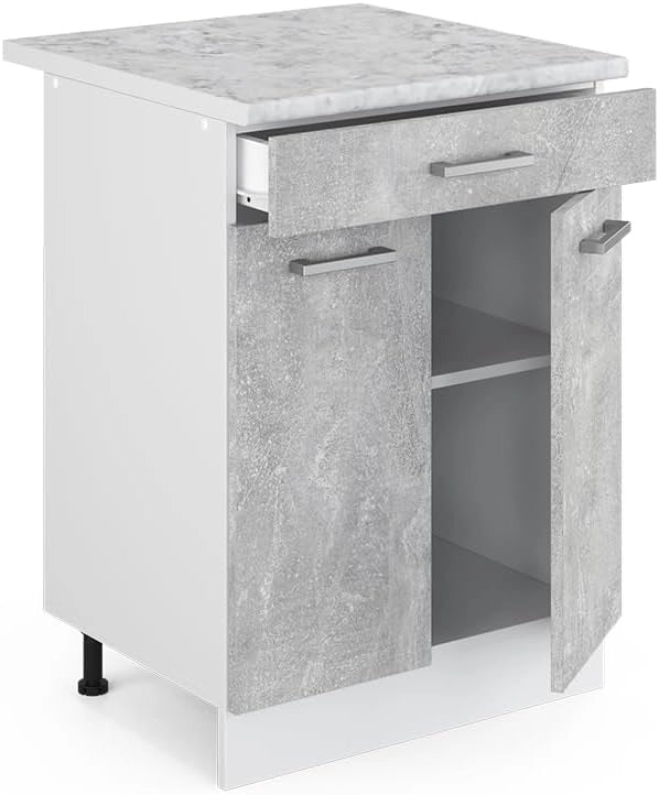Mobiletto base per cucina R-Line, Calcestruzzo, 60 cm con cassetto PL Marmo, per la libera combinazione all'interno di sistemi cucina modulari