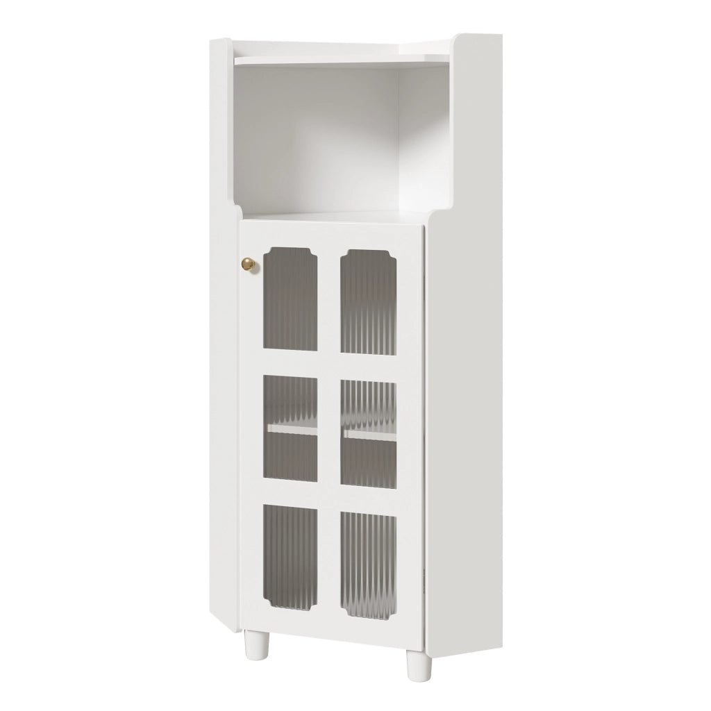 Mobile angolare con LED e 1 vano aperto, armadietto in vetro a 2 livelli, per soggiorno, bagno e cucina, in MDF, bianco, 63,5 × 124 cm