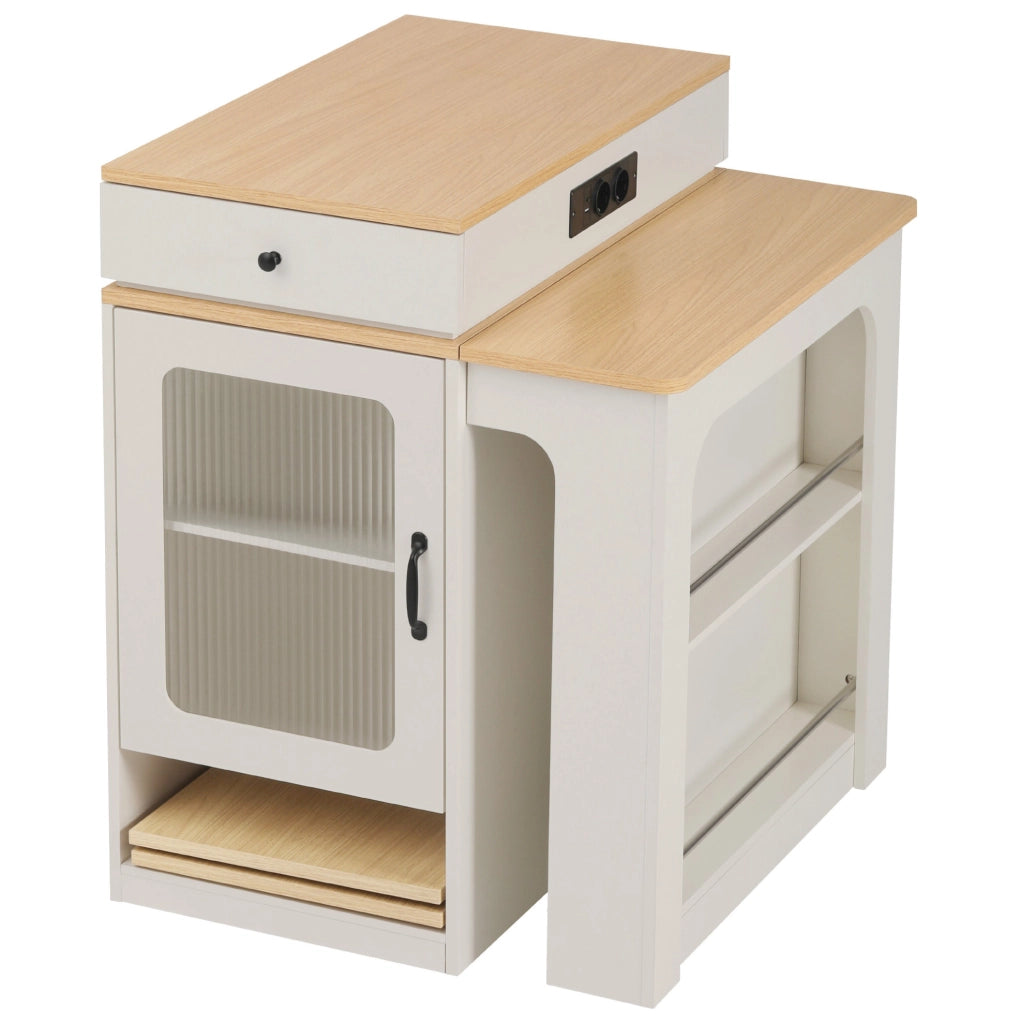 Tavolo allungabile 80x71~111~151x92 cm con prese integrate; MDF e vetro; bianco e naturale