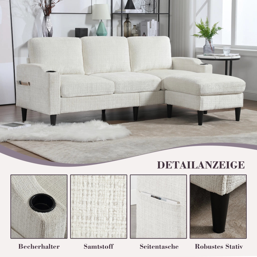 OKWISH Divano Lineare 4 Posti con Pouf Contenitore, Portabicchieri e Tasche Laterali, Ciniglia Beige