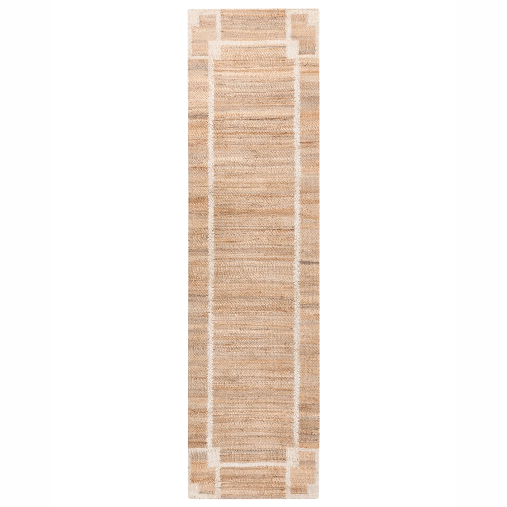 Tappeto Runner Beige Chiaro Iuta 80 x 300 cm con Motivo Rettangolare Tessuto Stile Rustico Soggiorno Camera Da Letto