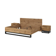Set letto 140x200 e comodini stile industriale, collezione MILOS, rovere grezzo/nero, rete inclusa