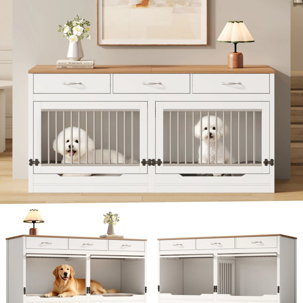 Cassa per cani in legno e metallo con 3 cassetti, porta ribaltabile e divisorio removibile, 164×60×81 cm