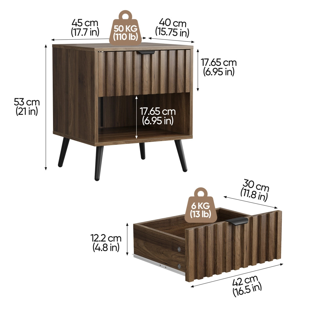 Comodino moderno in MDF effetto noce con cassetto