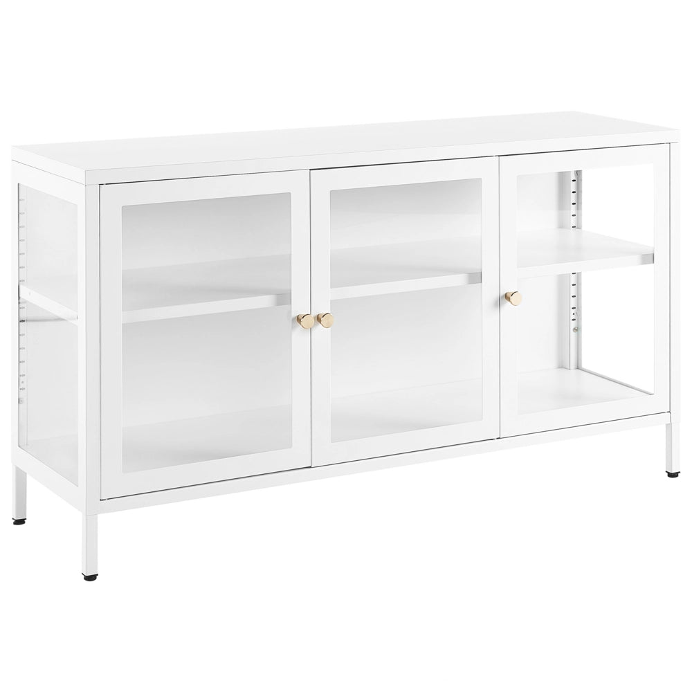Credenza in metallo bianco 115 x 35 cm 3 ante ripiani in vetro temperato gambe soggiorno moderno