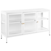 Credenza in metallo bianco 115 x 35 cm 3 ante ripiani in vetro temperato gambe soggiorno moderno