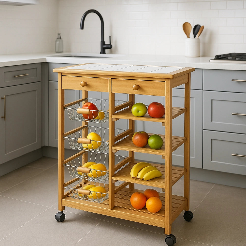 Carrello da Cucina con Top in Ceramica Carrellino in Legno con Cassetti e Ruote