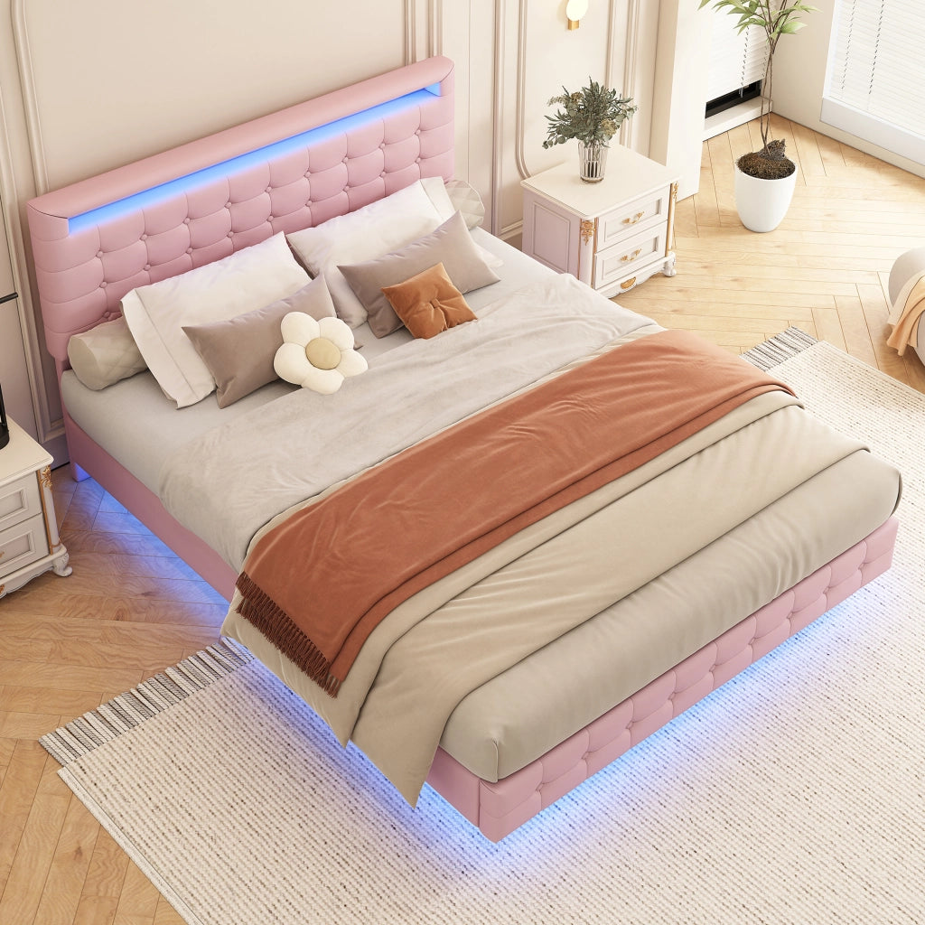 Letto Adulti 140×200 cm; Letto Matrimoniale con LED Regolabile e Testiera Regolabile; senza Materasso; PU; Rosa