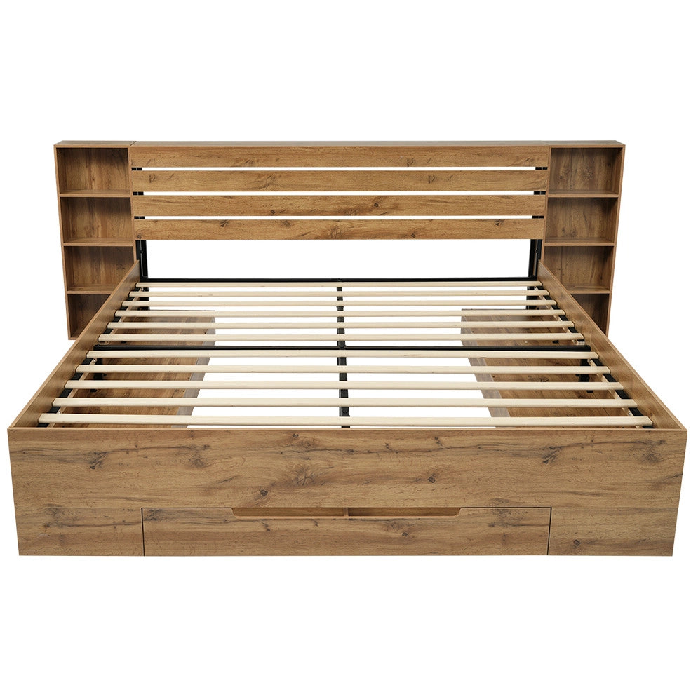 Letto matrimoniale ULEVR 160x200 cm con LED, USB e Type-C, vani nel testiera e 2 cassetti, rovere