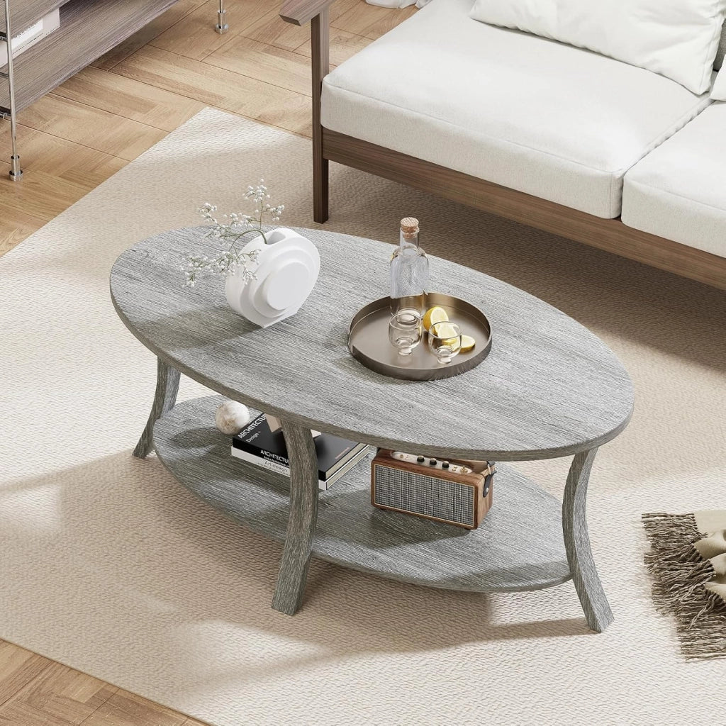Tavolino da Caffè Ovale a 2 Livelli, Tavolino Basso da Salotto in Legno con Ampio Piano e Ripiano Aperto, Design Rustico per Soggiorno, Ufficio e Studio, 111 x 60,5 x 47 cm (Grigio)