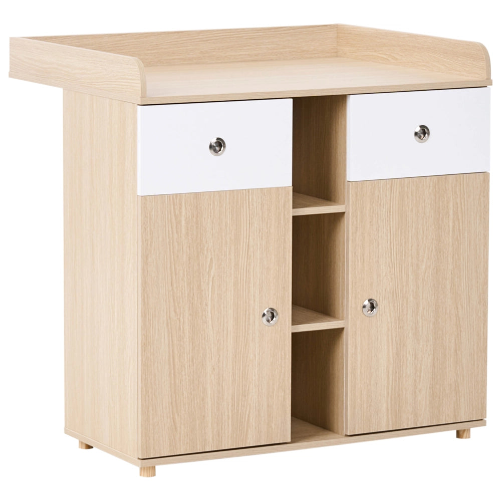 Fasciatoio con ripiani e cassetti in truciolato gambe in legno di pino contenitore per cameretta, marrone chiaro stile moderno