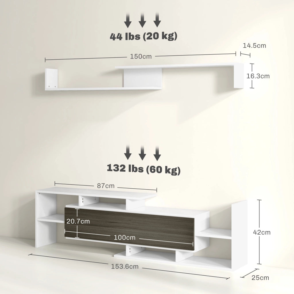 Mobile TV Ripiani e Armadietto a Ribalta con Mensola a Muro 153,6x25x42 cm Bianco e Nero