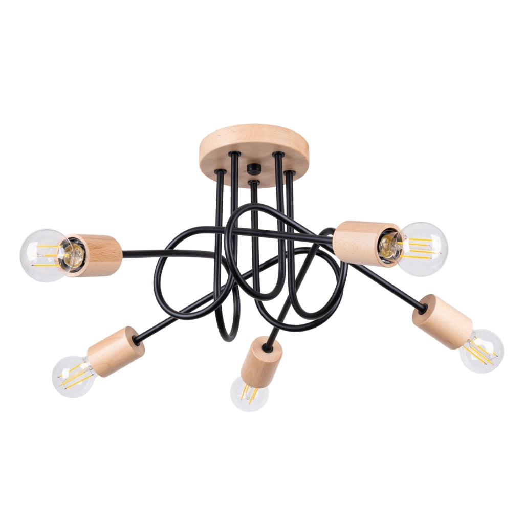 Lampada LED Ember Peach Puff a 5 luci in acciaio nero e legno naturale