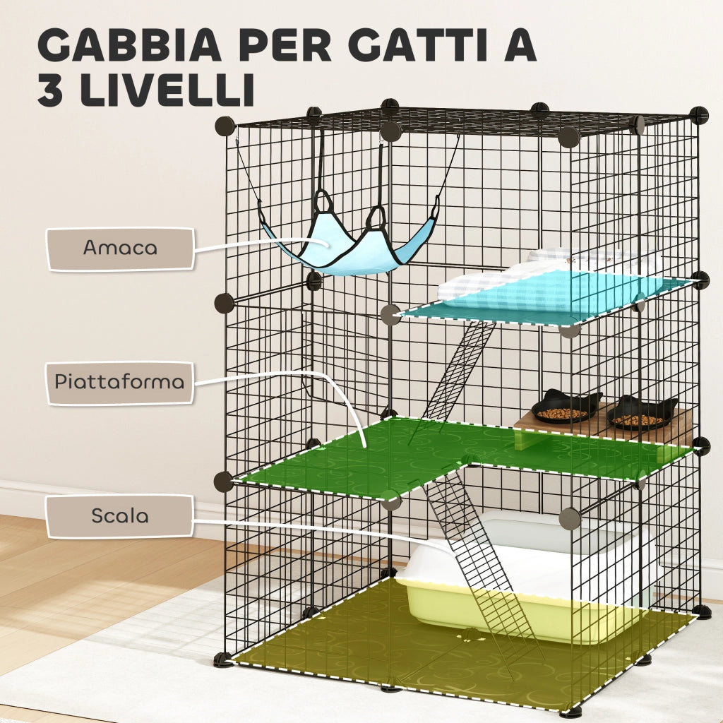 Gabbia per Gatti Recinto Personalizzabile 3 Livelli, 105cm, Nero