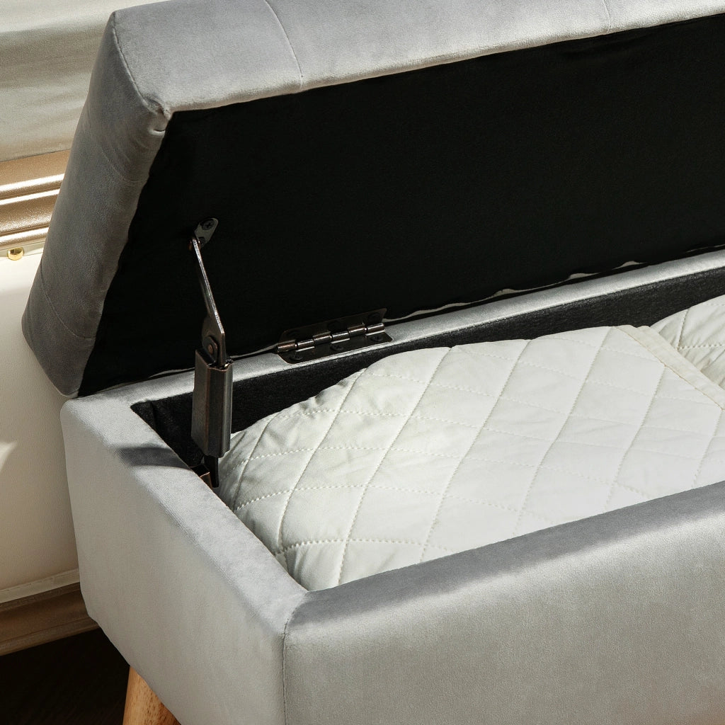Panca contenitore imbottita con spazio nascosto, bottoni decorativi e gambe in legno in poliestere grigio 80 × 35 × 40 cm