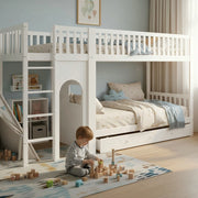 Letto a castello per bambini 90x200 cm, scala dritta a 4 gradini, sponde su 4 lati, bianco/naturale