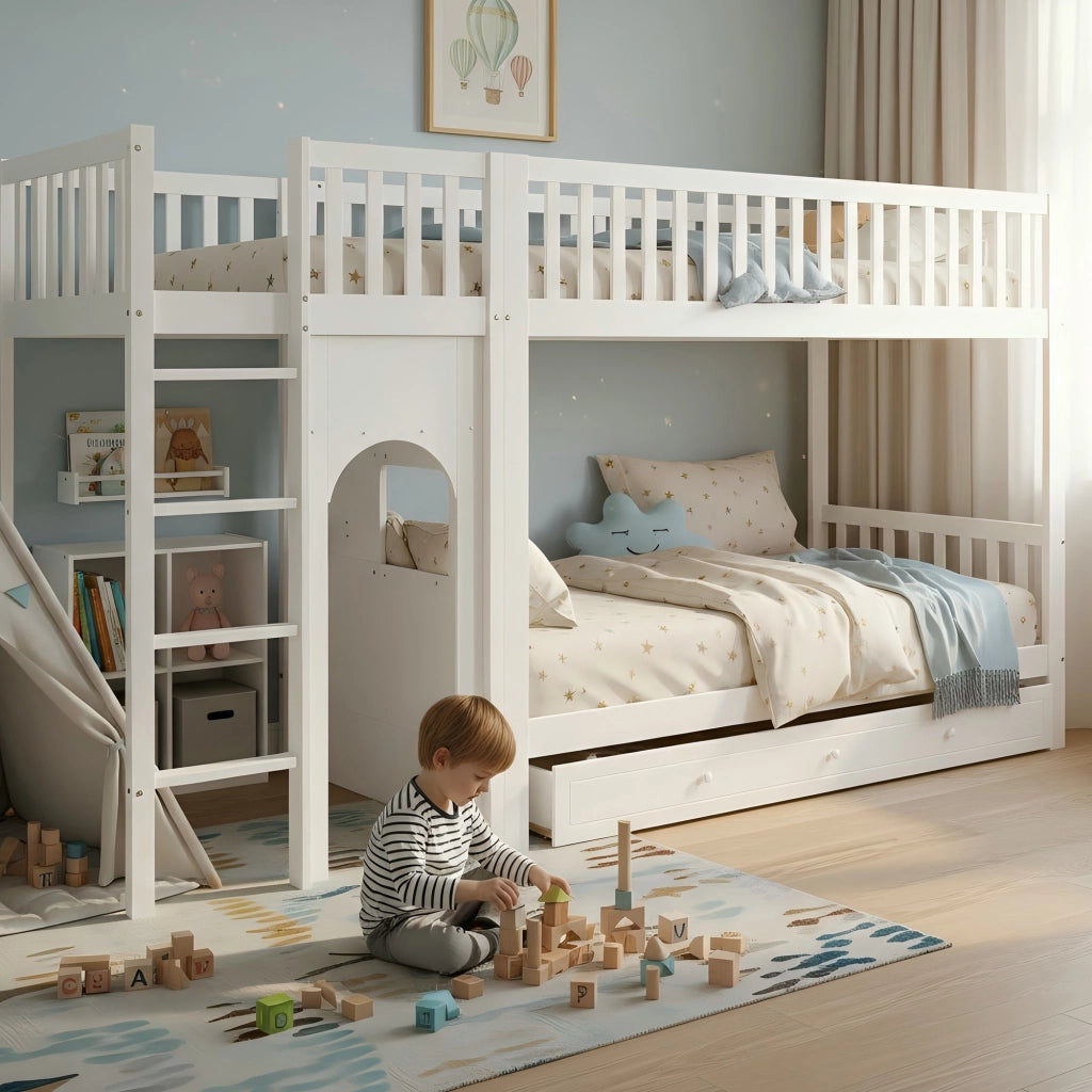 Letto a castello per bambini 90x200 cm, scala dritta a 4 gradini, sponde su 4 lati, bianco/naturale