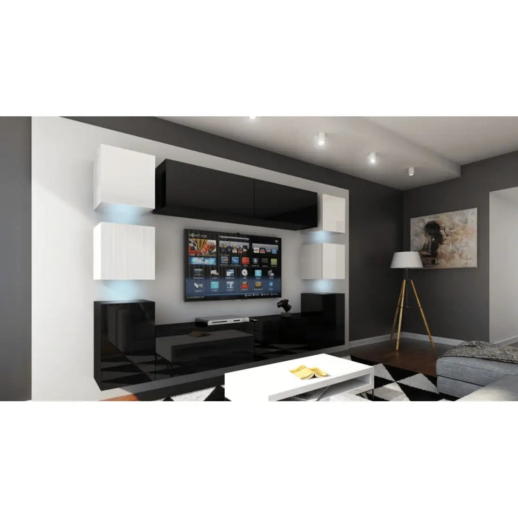 Set di mobili da salotto nero e bianco sospesi collezione CEPTO XIV 256 cm, 10 pezzi, LED, cubo bianco.