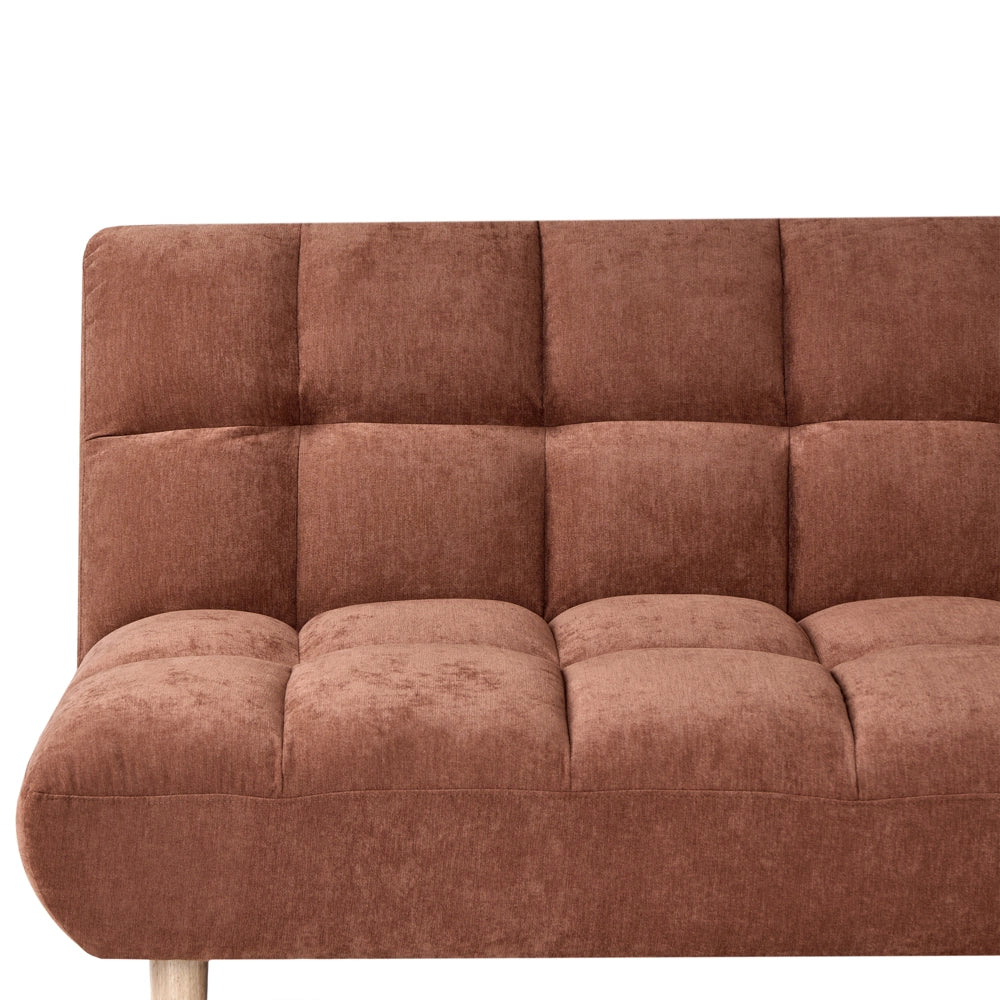 Divano letto marrone dorato rivestito in tessuto con gambe in legno 2 posti schienale trapuntato seduta imbottita design moderno senza braccioli