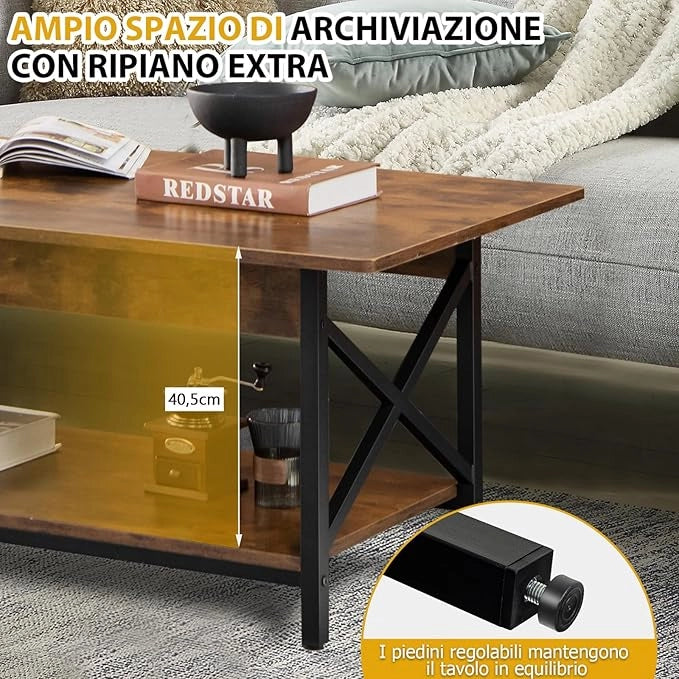Tavolino da Salotto 2 Livelli, Tavolino da caffè Industriale con Struttura in Metallo a Forma di X, Tavolino Rettangolare per Soggiorno, Studio e Ufficio, 60 x 110 x 48 cm (Marrone)