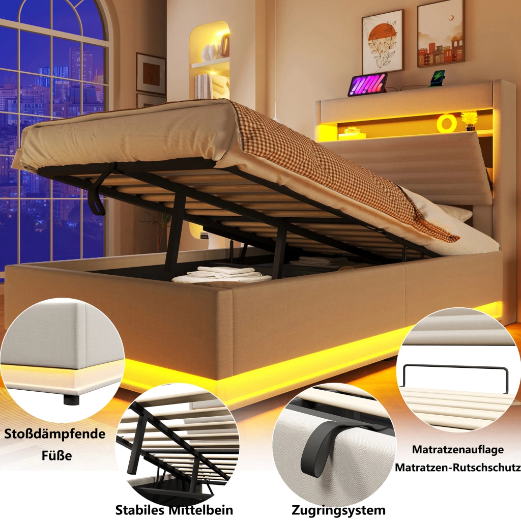 DESMIU Letto contenitore 90 × 200 cm 1 posto con USB, Tipo C, LED regolabile e vano idraulico, senza materasso