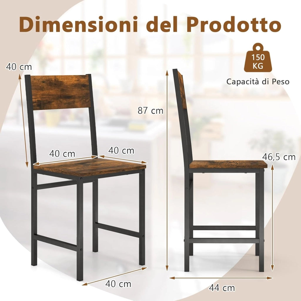 Set 2 Sedie Sala da Pranzo 44 x 40 x 87cm, Sedie Industriali con Gambe in Metallo, Venatura del Legno Rustico e Schienale Inclinato per Cucina, Soggiorno e Ristorante, Marrone e Nero