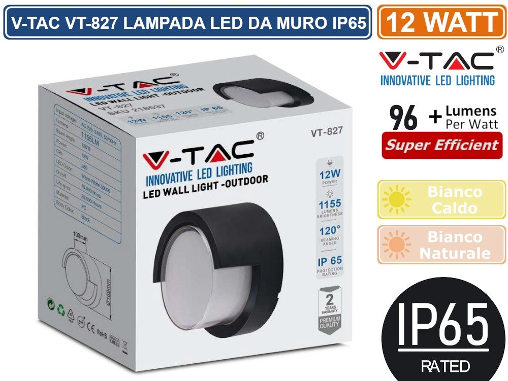 V-TAC VT-827 LAMPADA LED DA MURO 12W WALL LIGHT IP65 APPLIQUE ROTONDA COLORE NERO - Colore Luce:Bianco Naturale