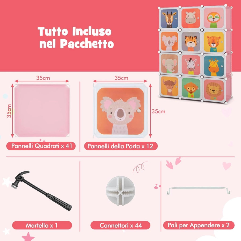 Guardaroba Portatile per Bambini, Armadio Portatile con 12 Cubi, Organizzatore Modulari per Camera dei Bambini Soggiorno, 109 x 35 x 145 cm (Rosa)