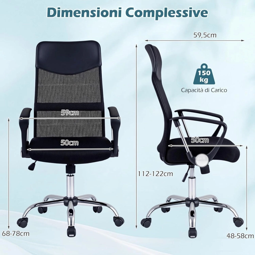 Sedia da Ufficio Girevole, Schienale Ergonomico | Altezza Regolabile, Poltrona Scrivania in Rete, Braccioli Curvi, Ruote, per Casa Studio