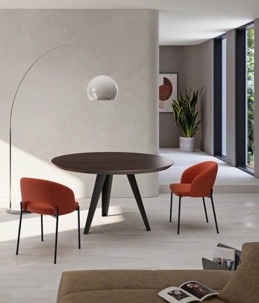 Tavolo Fisso Henry Rotondo 130 cm, Top in Impiallacciato Rovere Termocotto e Gambe in Metallo Nero, Stile Raffinato - Henry
