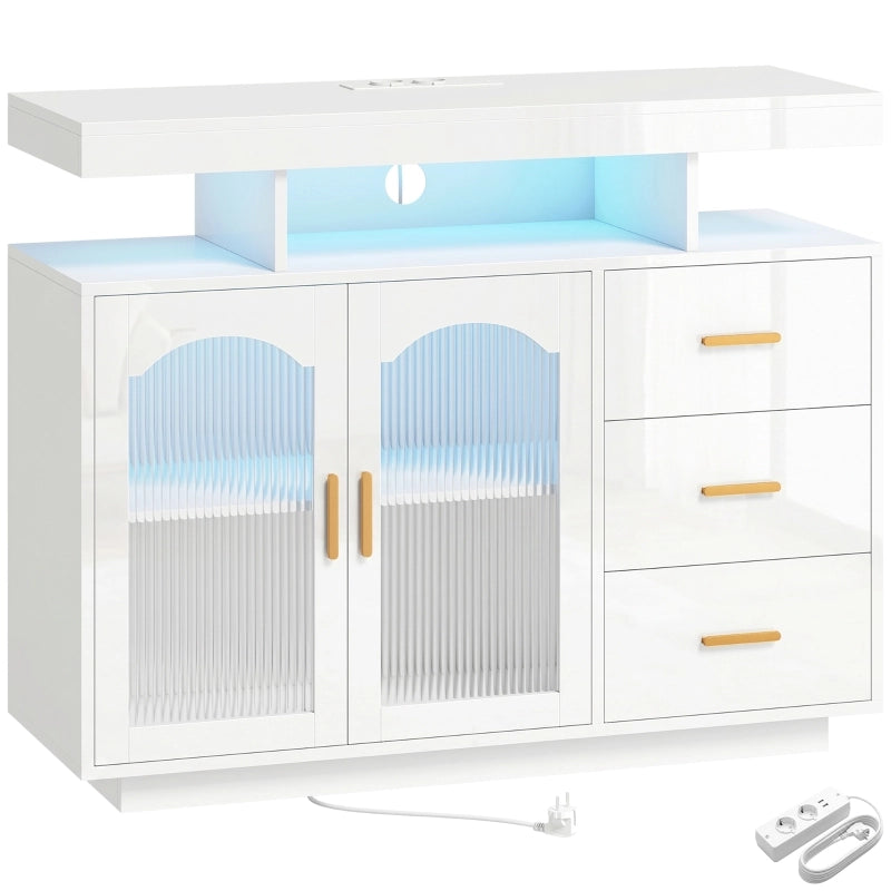 Sideboard moderno bianco lucido con LED RGB, prese integrate, 3 cassetti e ante in acrilico