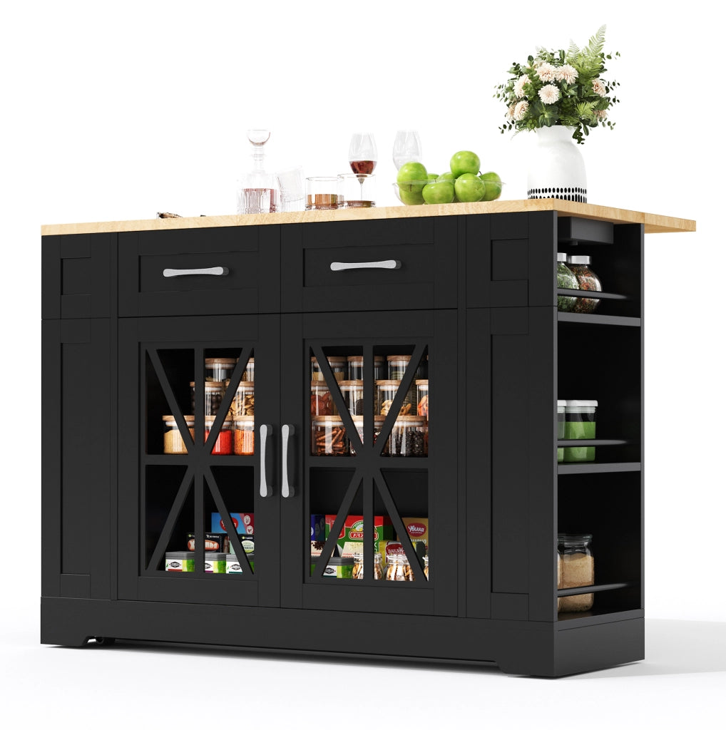 Isola cucina mobile con piano ribaltabile 120x40(65) cm in MDF nero e naturale