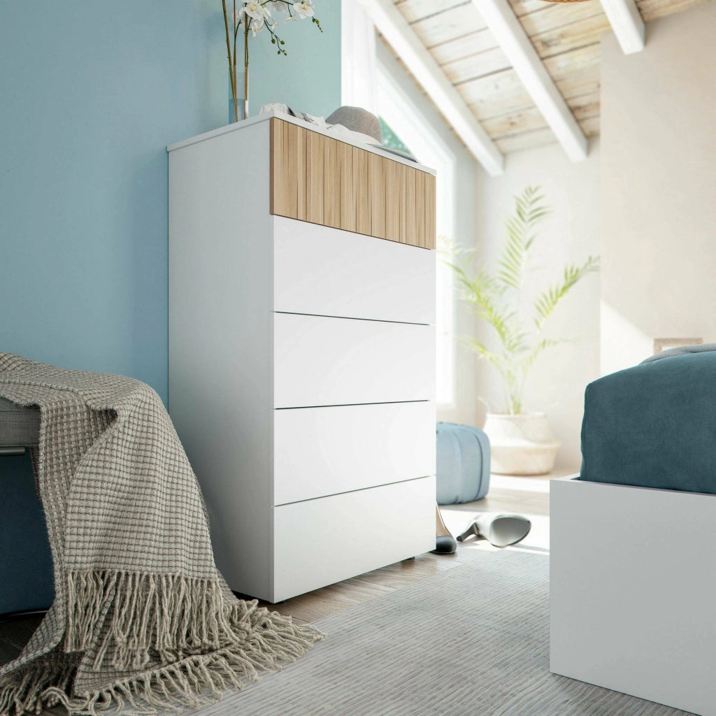 Cassettiera Asiatica, Settimanale a 5 cassetti, Mobile Comò per camera da letto, Comò moderno, 61x40h109 cm, Bianco e Rovere