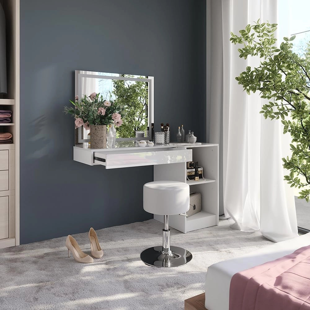 Tavolo da toeletta Sherry, Bianco/bianco lucido, 120 cm 4 parti, con illuminazione LED e specchio integrato