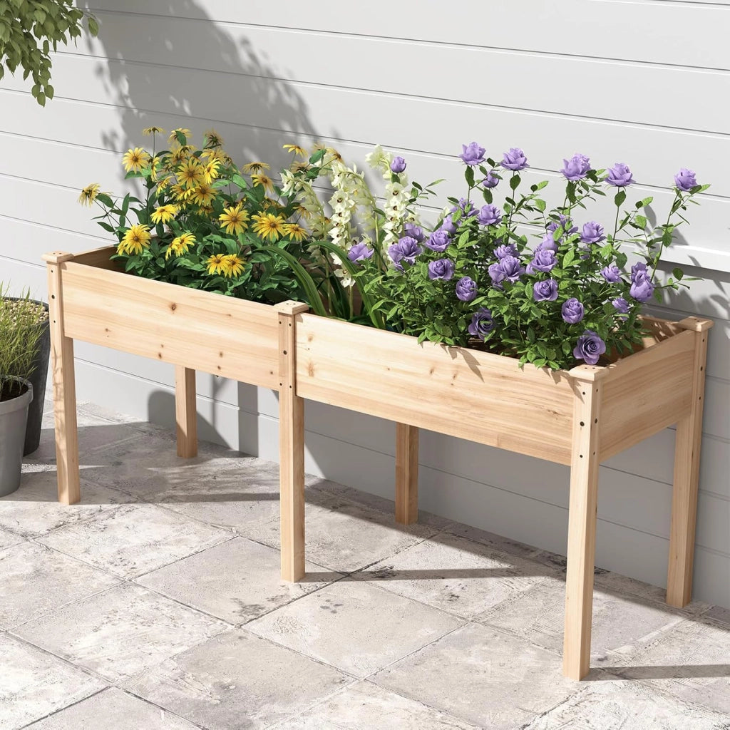 Fioriera da Giardino Rialzata, Letto da Giardino Elevato in Legno con Pannello Divisore, Fori di Drenaggio, Aiuola Rialzata per Piante, Fiori, Erbe e Verdure (Naturale)