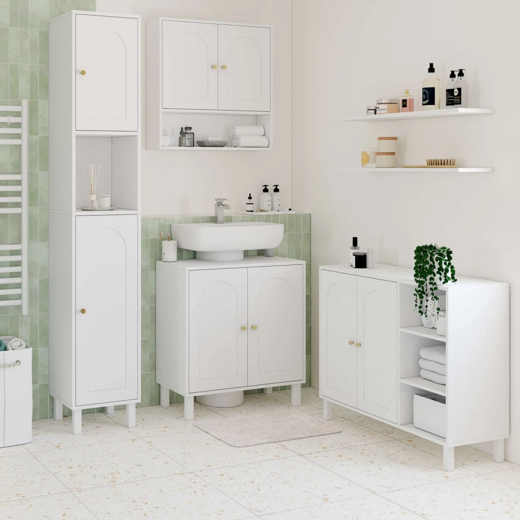 IDMarket - Mobili da bagno, mobili contenitori per soggiorno e ingresso ARSENE a 3 ripiani con armadio in legno bianco