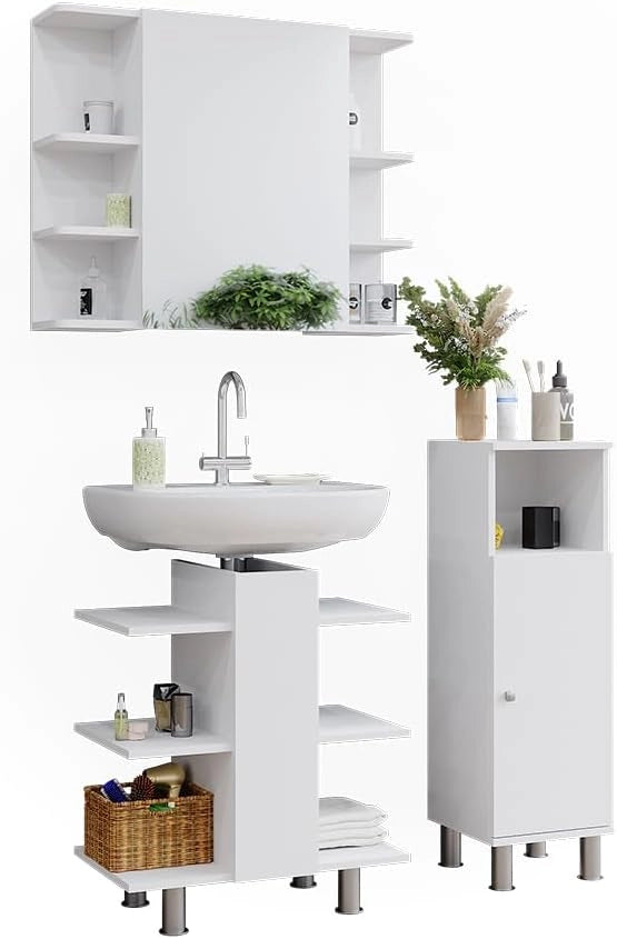 Set mobili bagno Fynn, Bianco, 79.6 cm, composto da mobile sottolavabo, specchiera e mobile medio