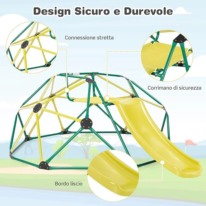 Cupola di Arrampicata, Struttura per Arrampicata con Scivolo, Capacità di Carico di 180 KG, per Bambini da 3 a 10 Anni, Ideale per Palestra, Cortile e Giardino (Verde+Giallo)