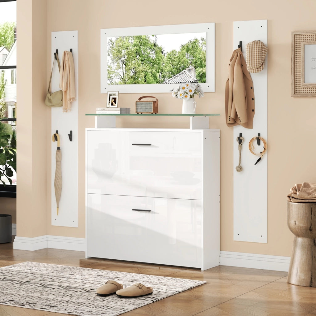 Set ingresso 4 pezzi con specchio e scarpiera 89;5x23x96;5 cm; bianco opaco e vetro